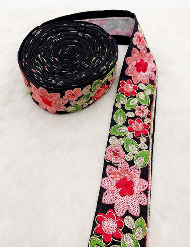 Black Silk Fabric Embroidered Trim, Floral Embroidery Indian Sari Border Trim By Yard Decorative Trim Craft Lace, Sequins Trim